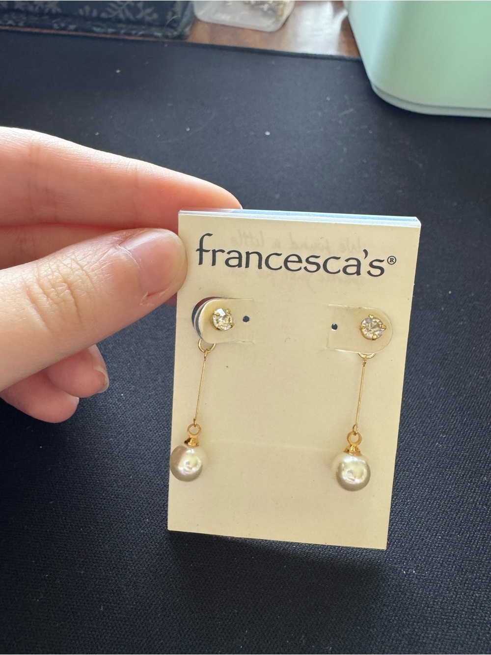 Francesca's Collections Gold and Ivory Pearl Drop Earrings with Crystal Studs